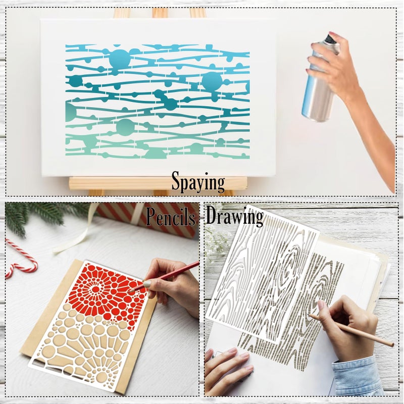 Boqon 8 Pieces Stencils for Crafts Reusable Texture Spider Stencils Net Wood Grain Stone Spray Paint Layering Stencil Templates for DIY Scrapbook - Image 4